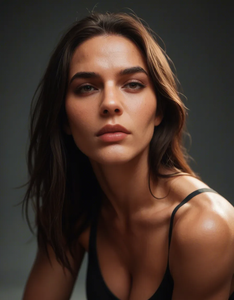 Hot athletic brunette like to free use, score_9, score_8, candid photo, realistic skin texture, visible skin pores, film grain, depth of field