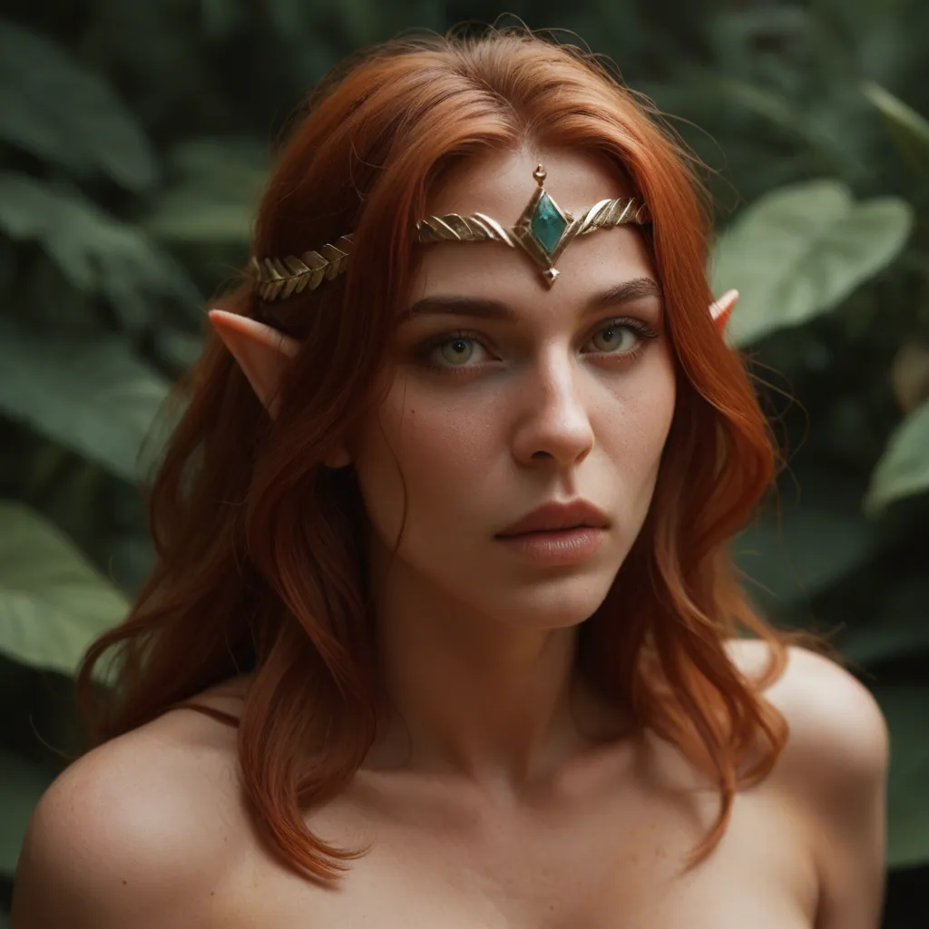19 year old elven goddess with circlet, pointy ears and long wavy auburn hair, medium breasts, looking up at viewer while she performs fellatio on a mans penis on all fours, deepthroat, lips wrapped around the base of his penis near his testicles, eager focused expression, cheeks hollowed, eyes watering, loose flowing tresses, nipples, hetero, nude, solo focus, completely nude, pov, male pov, shallow pond with dappled light in a forest, excessive cum on his penis, vine-covered Mediterranean courtyard