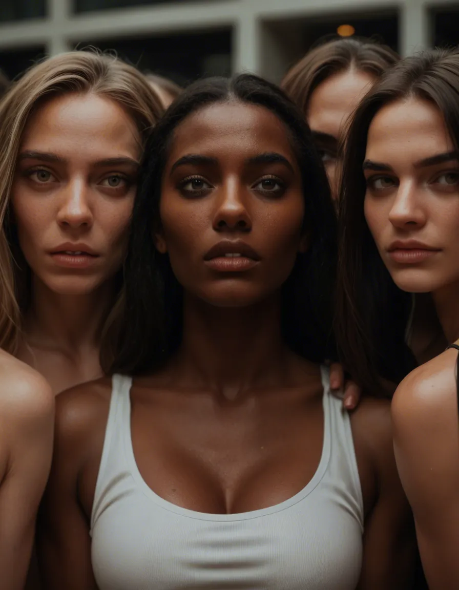 sharp focus, 8k uhd, over the shoulder, 5girls, futanari, dark skin, lustful eyes, film photography, score_9, score_8, candid photo, realistic skin texture, visible skin pores, film grain, depth of field
