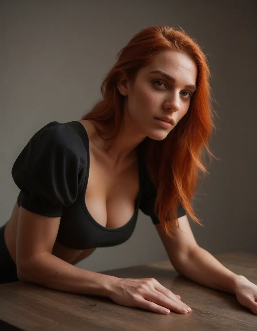 cinematic photo, 8k, redhead woman, athletic build, puffy sleeves, bent over, photorealistic, score_9, score_8, candid photo, realistic skin texture, visible skin pores, film grain, depth of field