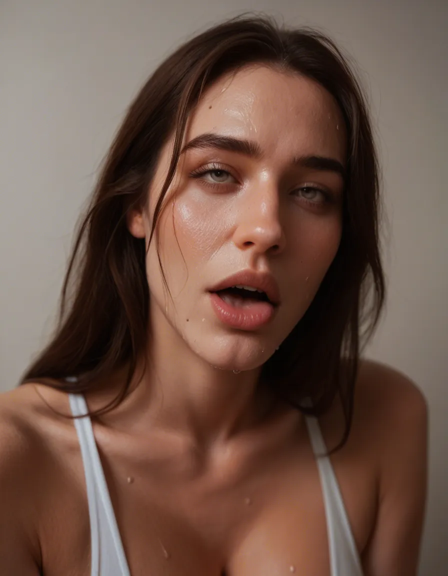RAW photo, ultra realistic, brunette woman, large breasts, underwear, sweat, ahegao, close-up, backlit, photorealistic, score_9, score_8, candid photo, realistic skin texture, visible skin pores, film grain, depth of field
