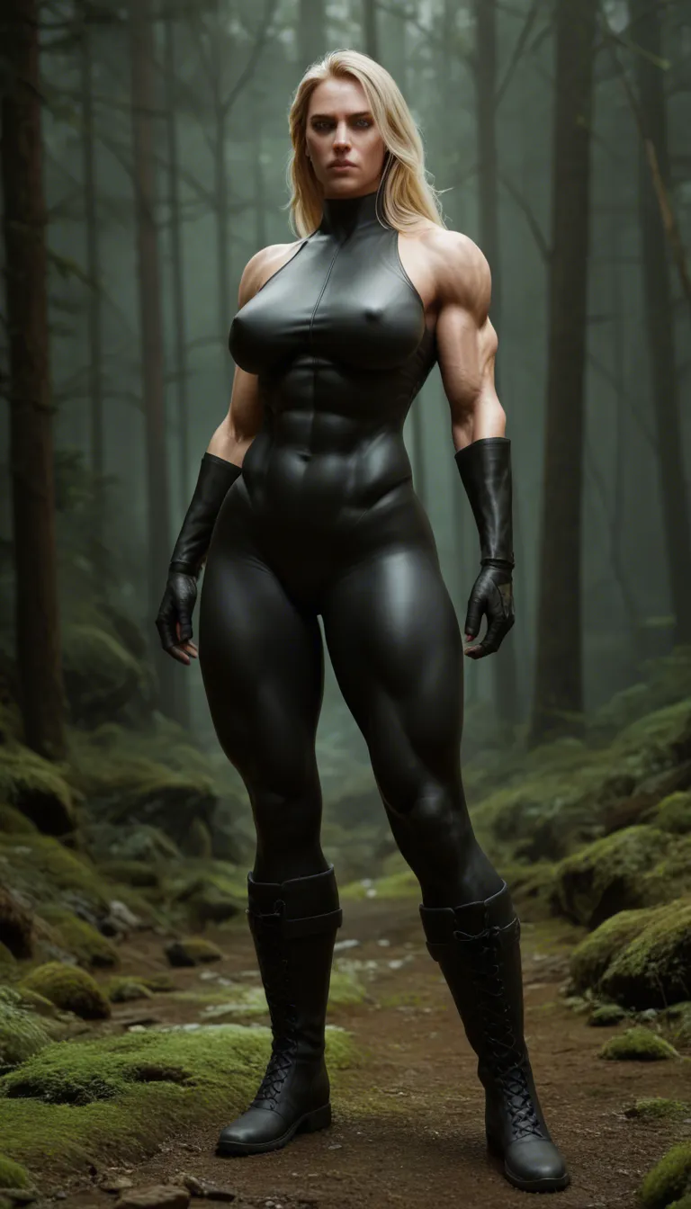 At a forrest, a extrem muscular blonde woman, walks trough the forrest nude with black leather boots. She is extreme muscular, have very big saggy boobs with puffy nipples.