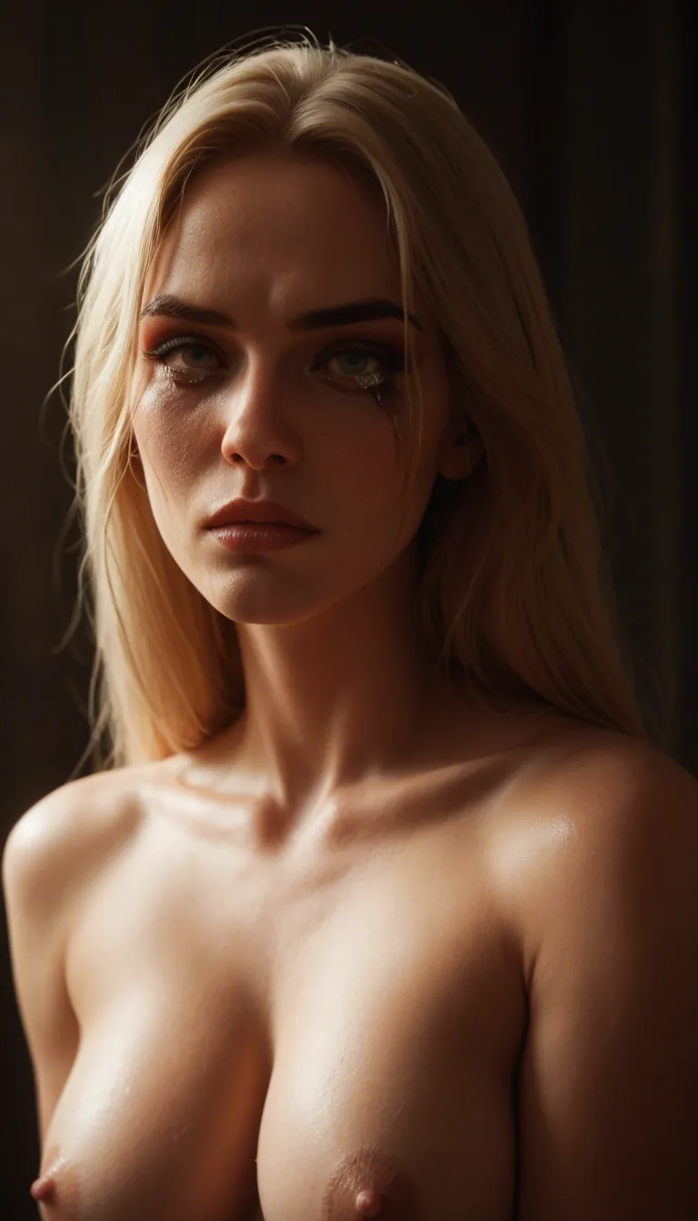 A blonde woman, eyes filled with tears, makeup ruined as it drips down her face, her smal breasts recoil as they jiggle, sharp focus, 8k uhd, low angle, 5women, standing sex, feet, beach, lifelike render