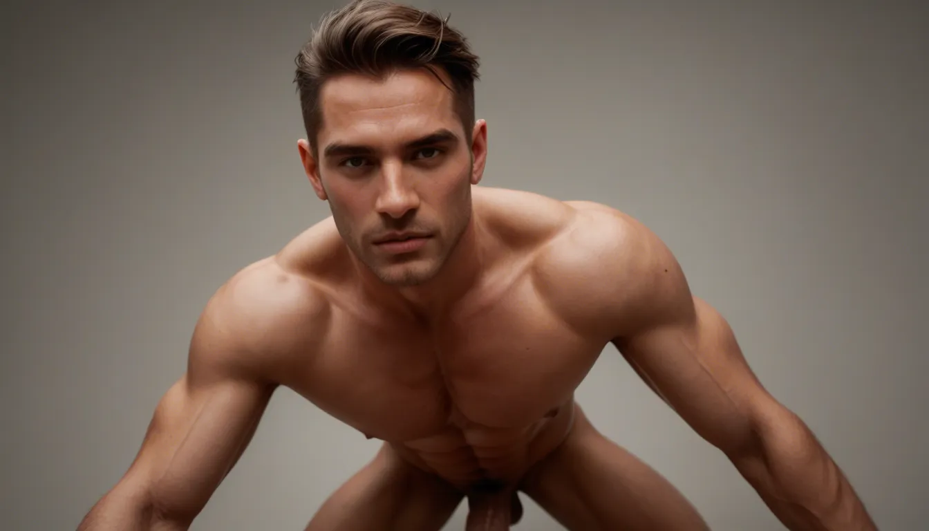 ultra HD, lifelike, seductive look, photorealistic, huge penis, toned abs, long thick cock, gay doggystyle viewed from above, score_9, score_8, candid photo, realistic skin texture, visible skin pores, film grain, depth of field