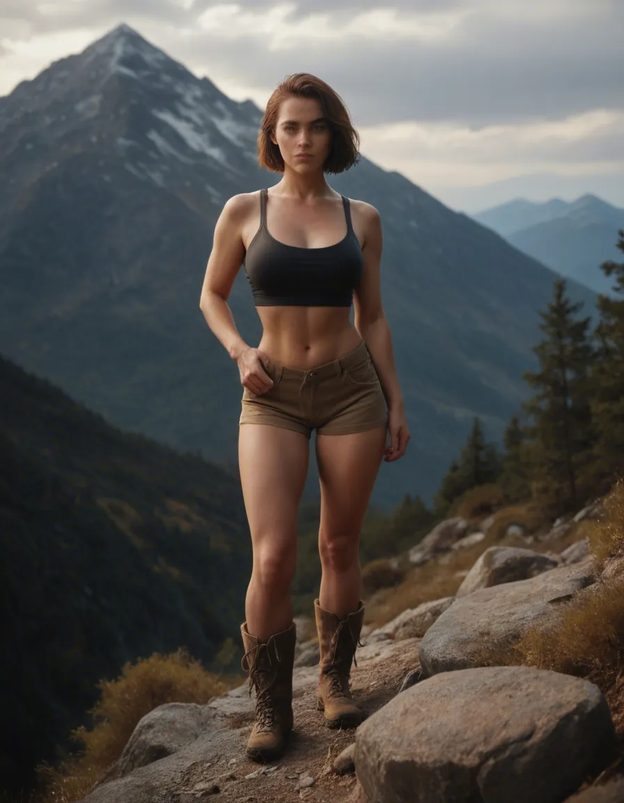 curvy, busty , short brown hair female, realistic, hiking boots and shorts only, hiking on a mountainside, score_9, score_8, candid photo, realistic skin texture, visible skin pores, film grain, depth of field