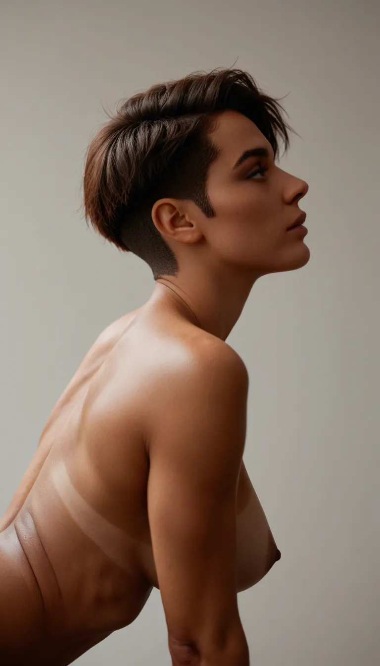 profile, wide_shot, brunwtte, short stylish pixie cut hair, tanned, being fucked hard from behind, bent_over, large breasts, bouncing_breasts, heavy_breathing , seductive_smile