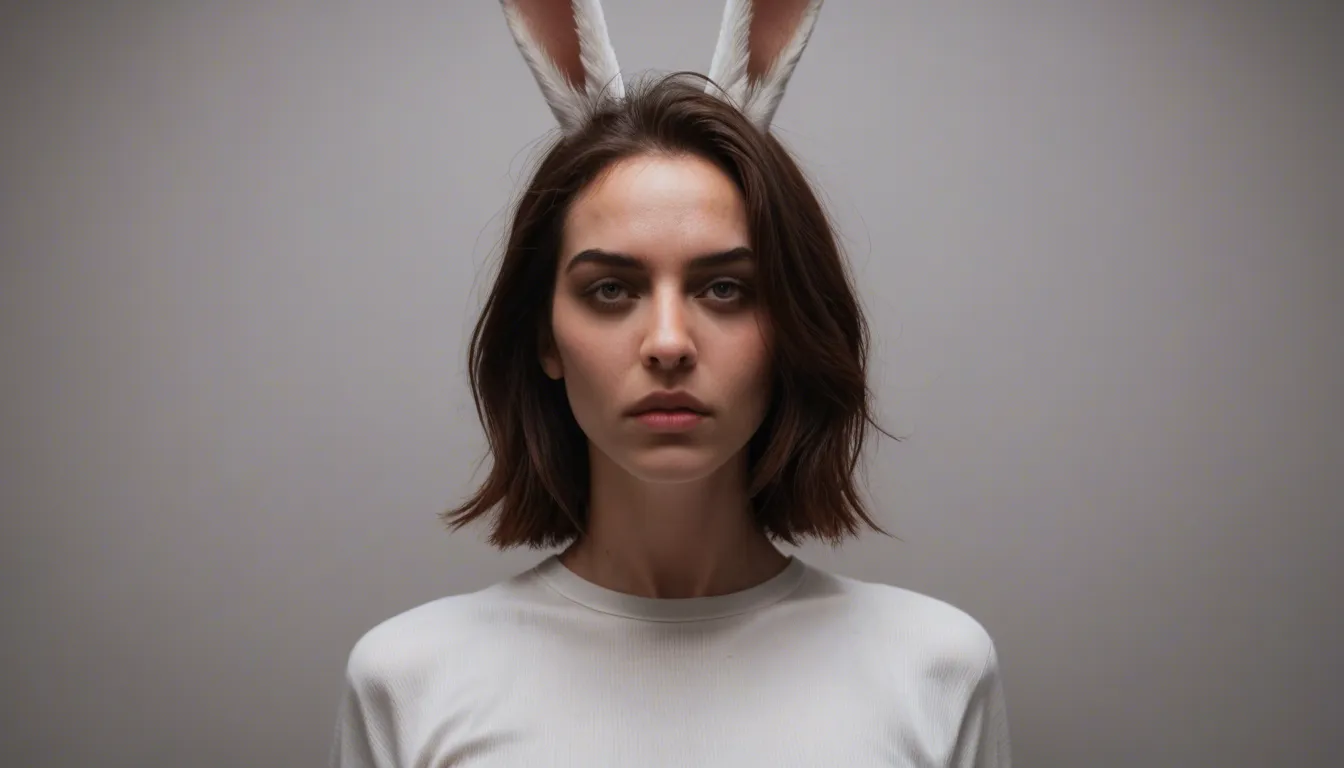 RAW photo, ultra realistic, bunny woman, medium hair, detached long_sleeves, bondage, photorealistic, score_9, score_8, candid photo, realistic skin texture, visible skin pores, film grain, depth of field