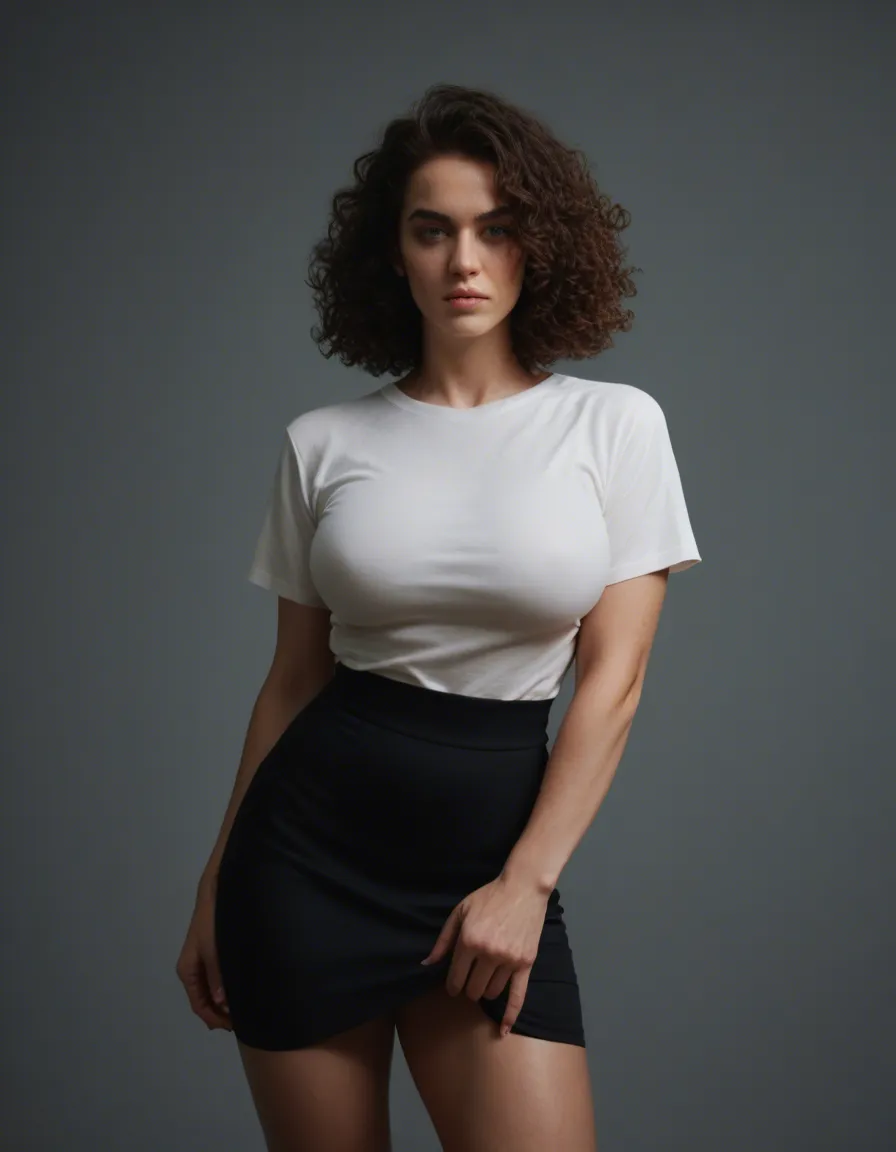 realistic, short, big huge_breasts curly_hair black_hair skirt_lift, score_9, score_8, candid photo, realistic skin texture, visible skin pores, film grain, depth of field