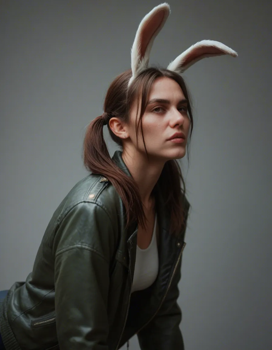ultra HD, lifelike, bunny girl, twintails, jacket, bent over, dslr quality, score_9, score_8, candid photo, realistic skin texture, visible skin pores, film grain, depth of field