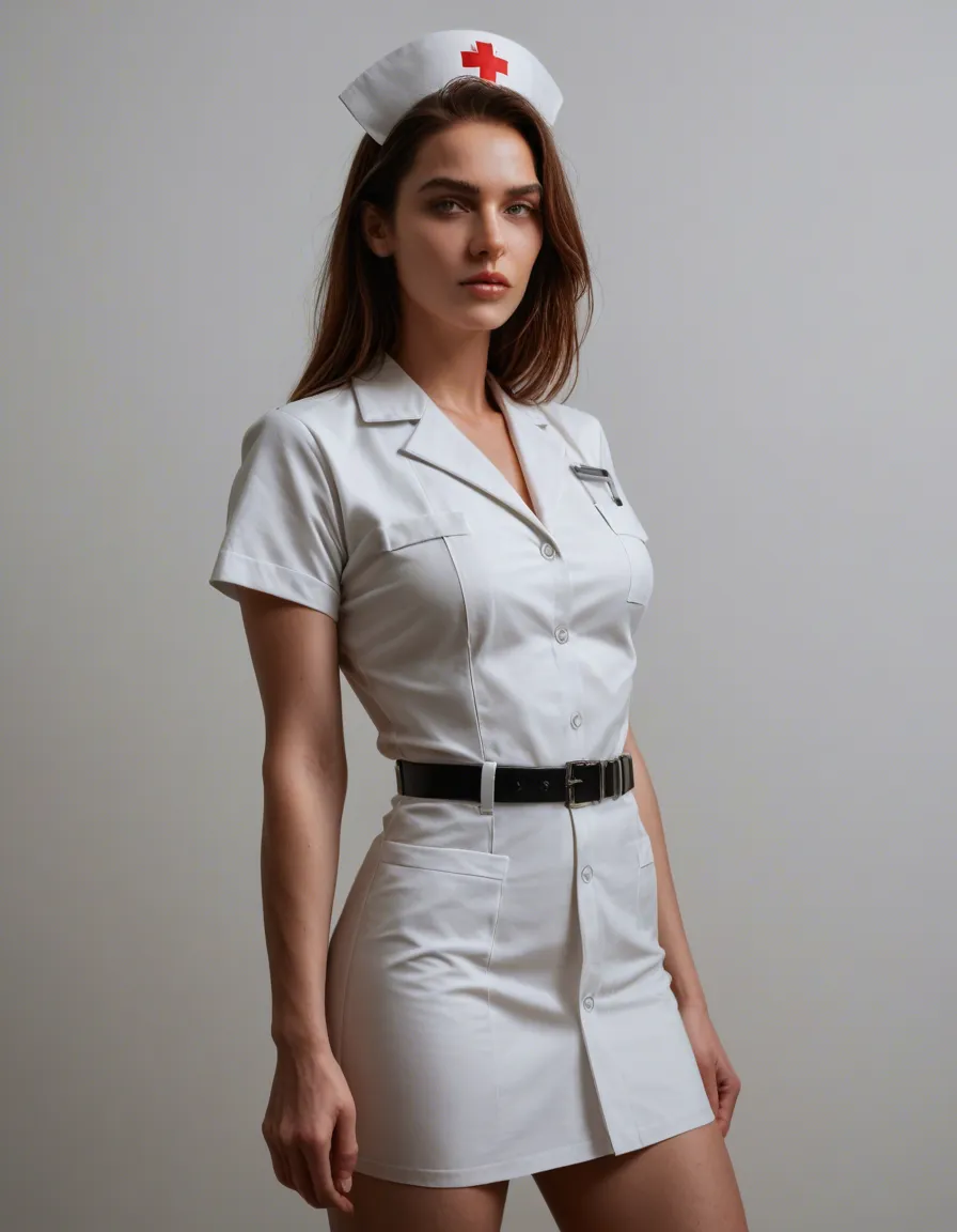 RAW photo, ultra realistic, nurse, standing, belt, presenting, white background, medium shot, 8k uhd photo, score_9, score_8, candid photo, realistic skin texture, visible skin pores, film grain, depth of field