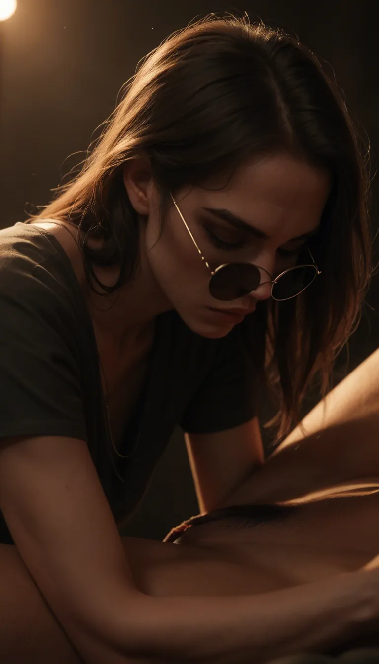 film look, highres, solo focus, sunglasses, short sleeves, cunnilingus, moonlight, moody cinema