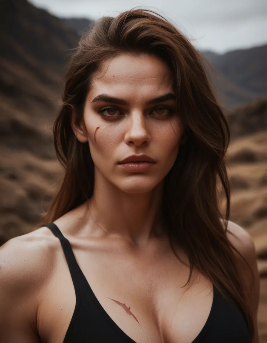 sharp focus, 8k uhd, wide shot, 1woman, futanari, scar, RAW photo, score_9, score_8, candid photo, realistic skin texture, visible skin pores, film grain, depth of field