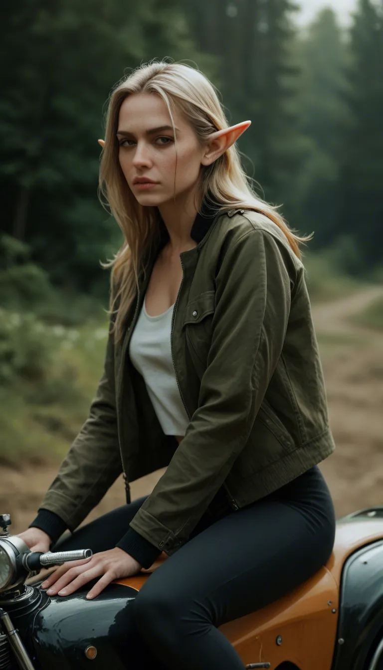 dslr, film grain, photorealistic, elf girl, jacket, riding, lifelike render