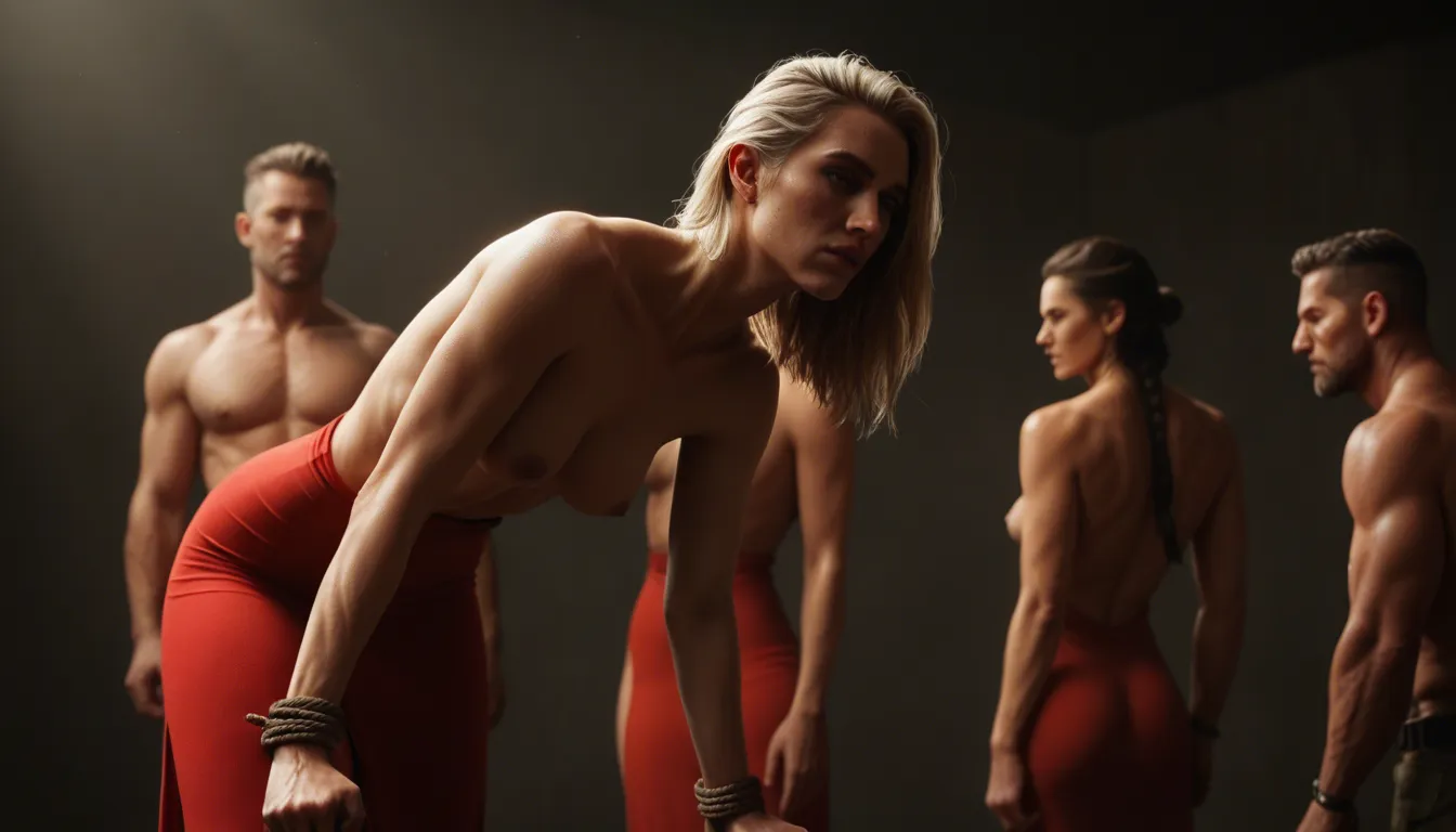 sibe vies, blond Number Six from Battlestar Galactica, arms_up , bound_wrists , bondage , topless, bent_over , red dress, skirt_lift , sex_from_behind , standing_sex , bouncing_breasts , score_9, score_8, candid photo, realistic skin texture, visible skin pores, film grain, depth of field