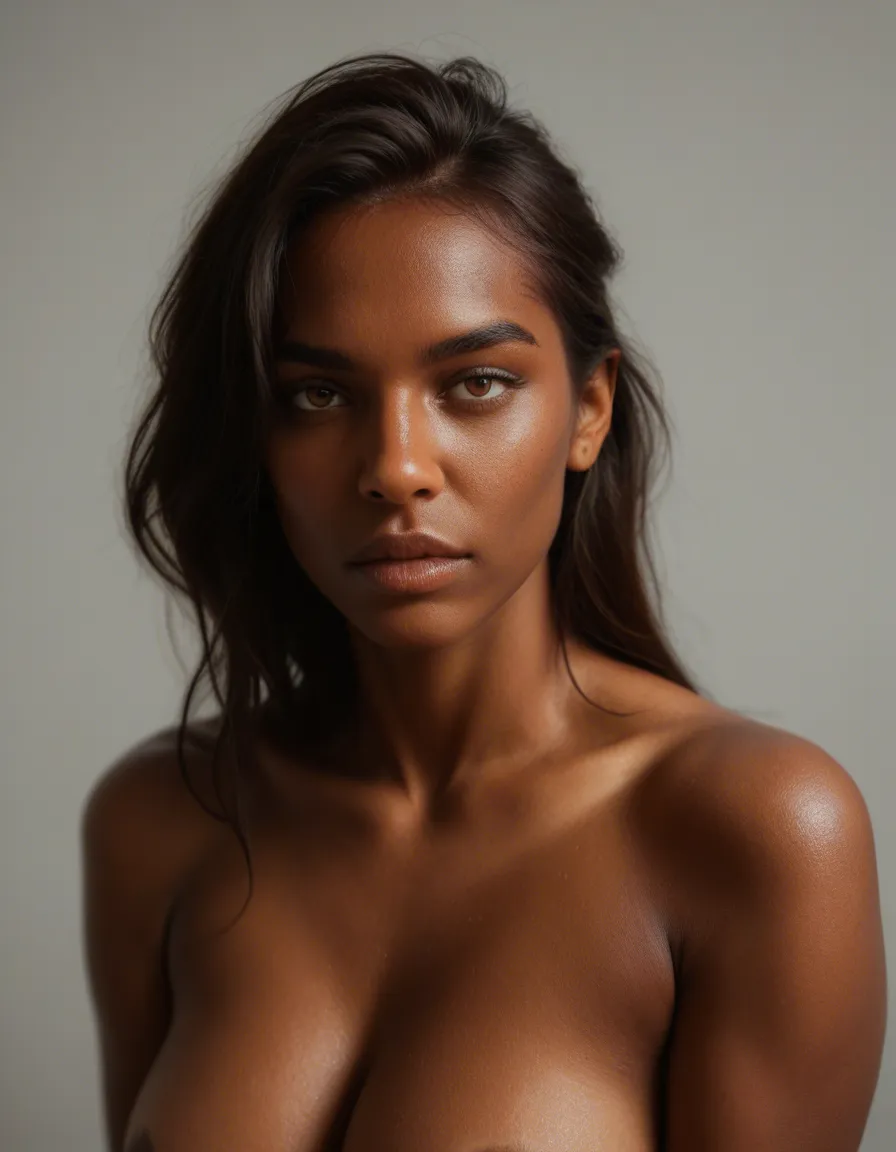 highly detailed, natural lighting, 1other, fully nude, dark skin, white background, playful expression, studio photo, score_9, score_8, candid photo, realistic skin texture, visible skin pores, film grain, depth of field