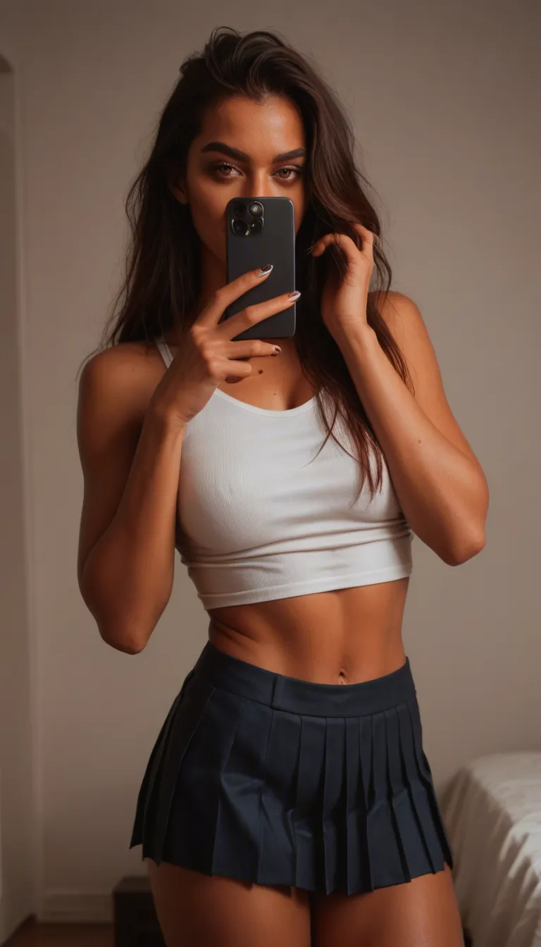 homemade, sharp, demon woman, hourglass figure, pleated skirt, teasing, bedroom selfie style