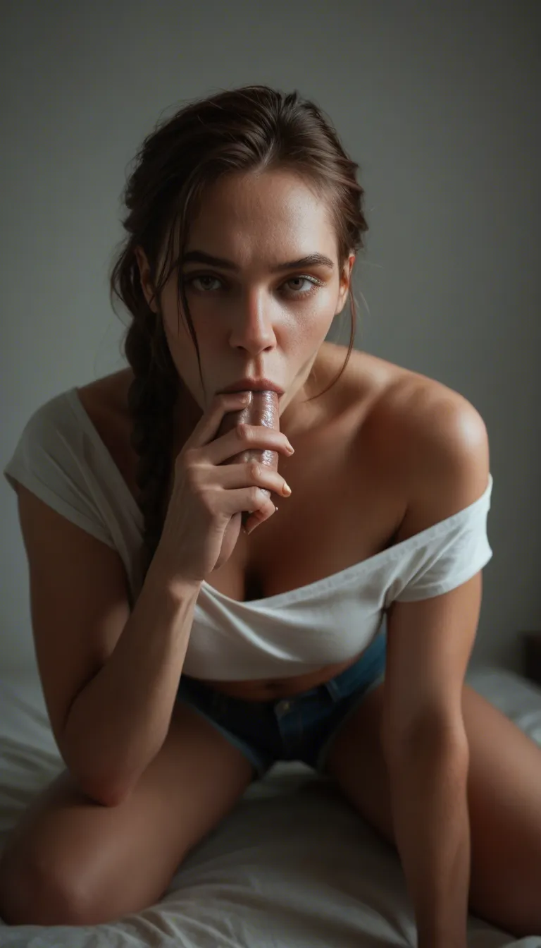 dslr, film grain, photorealistic, solo focus, braid, shorts, blowjob, cool tones, RAW photo