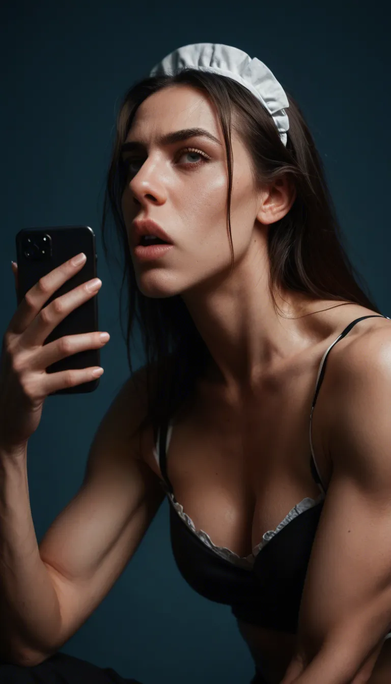 homemade, sharp, maid, BBC deepthroat, toned body, dominant stare, blue background, authentic vibe