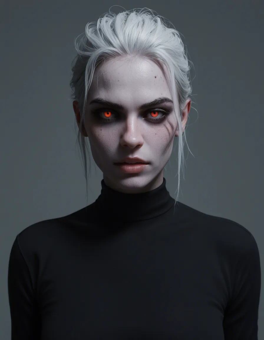 Ghostly image of a young adult female looking at you from the darkness with a cruel expression, score_9, score_8, 3d render, octane render, subsurface scattering, ray tracing, smooth shading