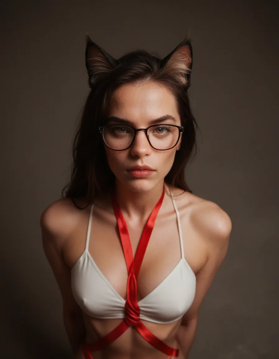 best quality, hyperrealistic, catgirl, glasses, ribbon, bondage, from above, photorealistic, score_9, score_8, candid photo, realistic skin texture, visible skin pores, film grain, depth of field
