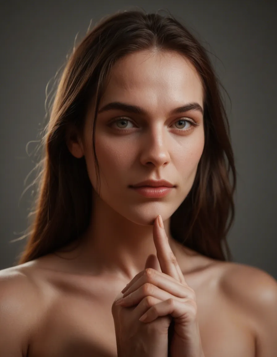 best quality, hyperrealistic, three-quarter view, 1girl, fully nude, holding hands, confident gaze, dslr quality, score_9, score_8, candid photo, realistic skin texture, visible skin pores, film grain, depth of field