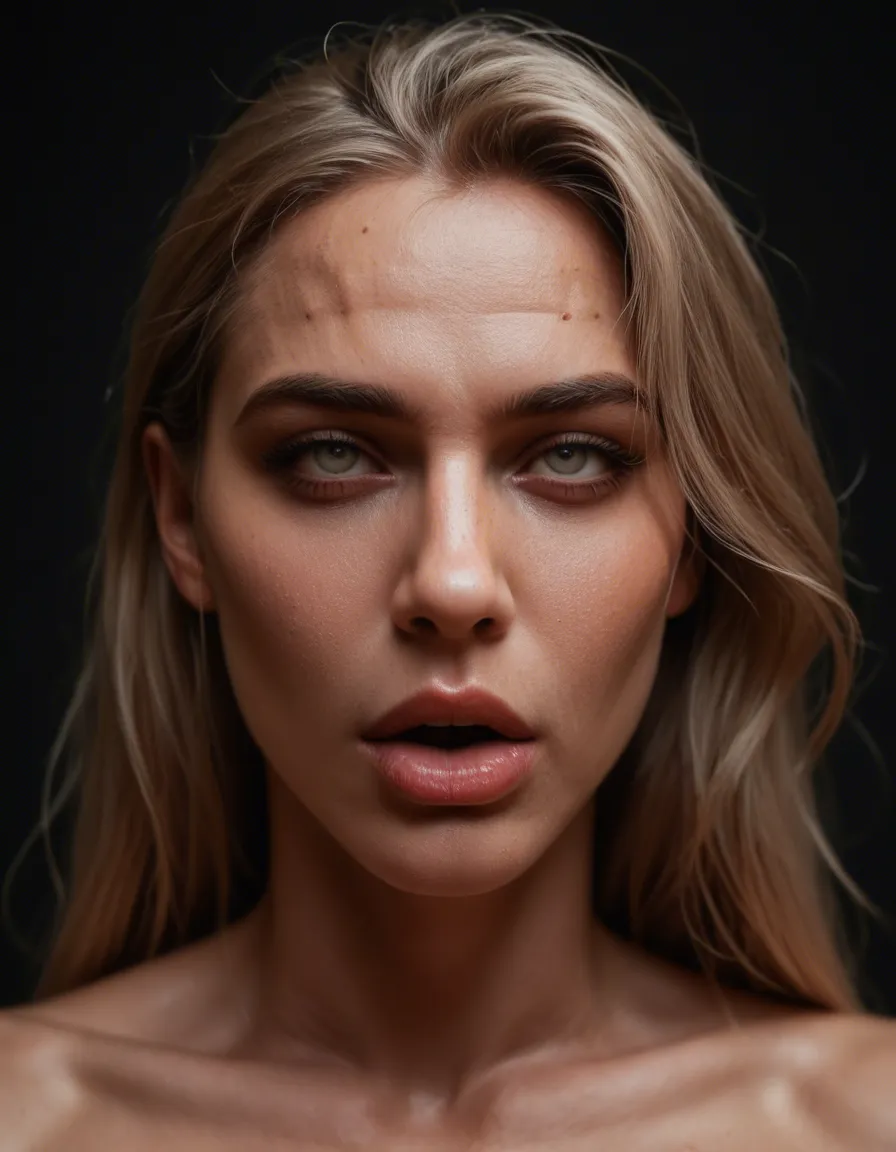 best quality, hyperrealistic, extreme close-up, solo female, ahegao, abs, black background, dreamy atmosphere, RAW photo, score_9, score_8, candid photo, realistic skin texture, visible skin pores, film grain, depth of field