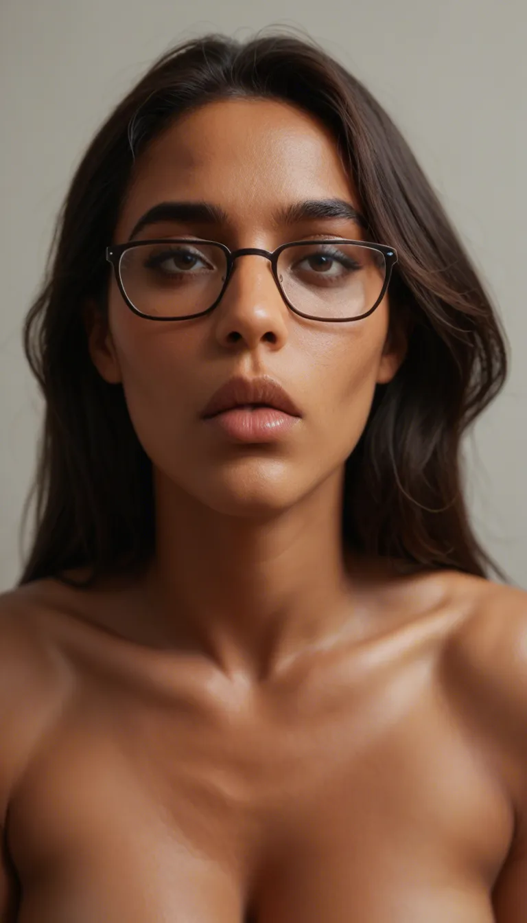 Latina girl, parted bangs, glasses, deepthroat, watery eyes, squirt, breats out, legs apart