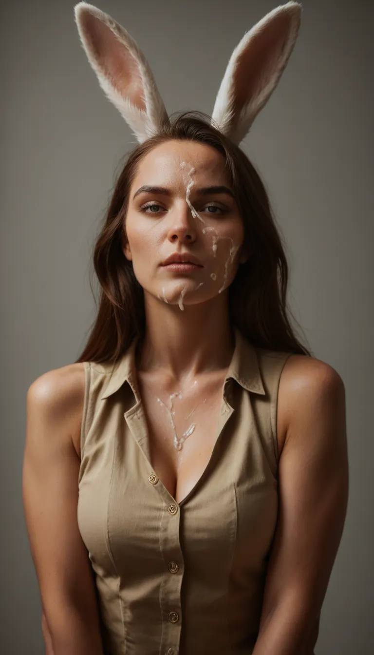 cinematic photo, 8k, bunny woman, buttons, sleeveless, cum on face, wide shot, golden hour, RAW photo