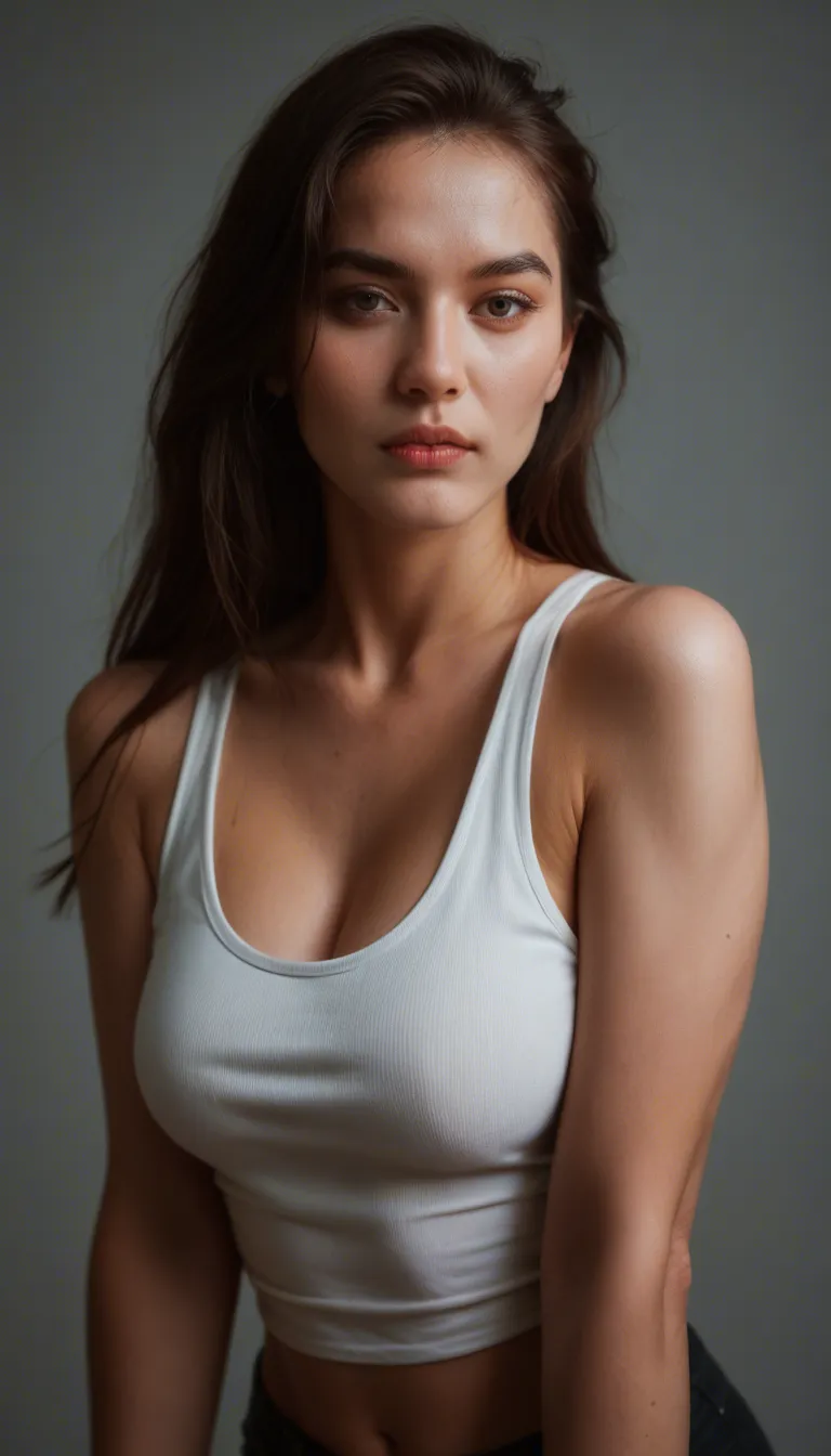 best quality, hyperrealistic, brunette half Swedish and half Chinese 21 year-old woman, wearing black semi sheer satin tank top, size 32DD breasts, lifting black mini skirt, jumping, dslr quality