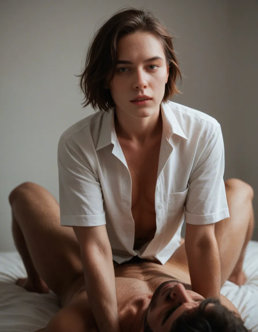 best quality, hyperrealistic, male focus, short hair, collared shirt, 69 position, rim light, photorealistic, score_9, score_8, candid photo, realistic skin texture, visible skin pores, film grain, depth of field