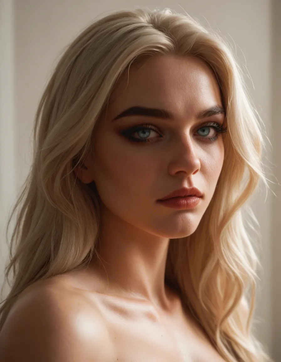 Aesthetic 11, a high-resolution, cinematic candid of an intimate encounter in a dimly lit, cozy bedroom. A woman with long, pale blonde hair styled with a few loose, curling strands framing her face, striking light blue eyes, and a refined makeup look—featuring sharp winged eyeliner, smokey eyeshadow, and matte lips—is reclining on a plush white bed. She is captured in a moment of intense pleasure and slight pain, her expression a mix of sultry melancholy and arousal as she is ridden by a large black man whose huge, erect penis is deeply inserted into her pussy. She holds a textured, dusty-rose pink velvet pillow against her chest, partially veiling her nude body while leaving her vulva and clit visible and glistening. She wears delicate gold jewelry, including small drop earrings and a thin gold necklace. The scene, score_9, score_8, candid photo, realistic skin texture, visible skin pores, film grain, depth of field