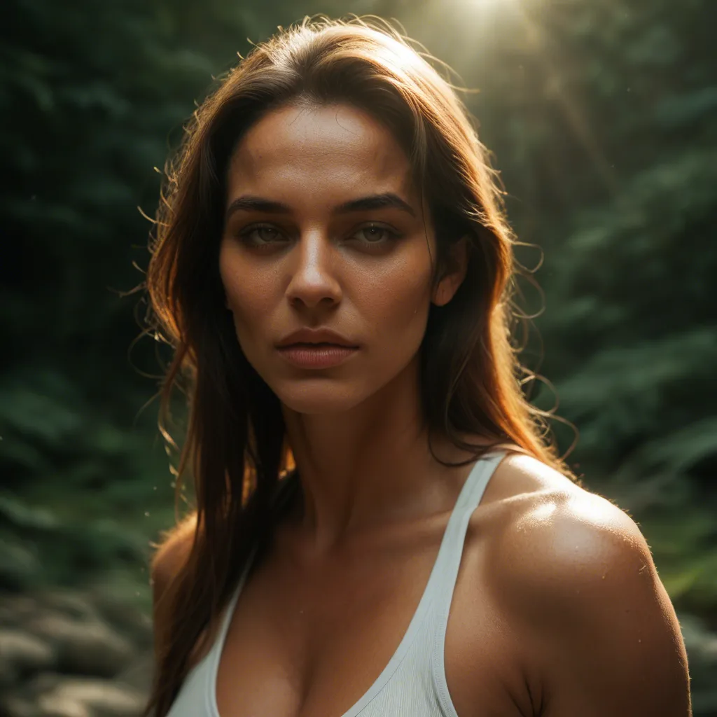 cinematic photo, 8k, mature female, presenting, muscular, sunlight, wild energy, natural skin texture