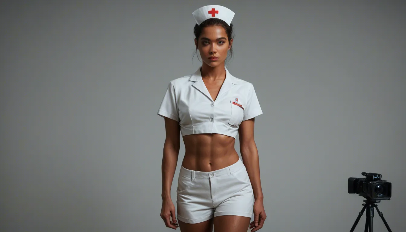 best quality, hyperrealistic, nurse, stomach, shorts, walking toward camera, undressing, natural skin texture