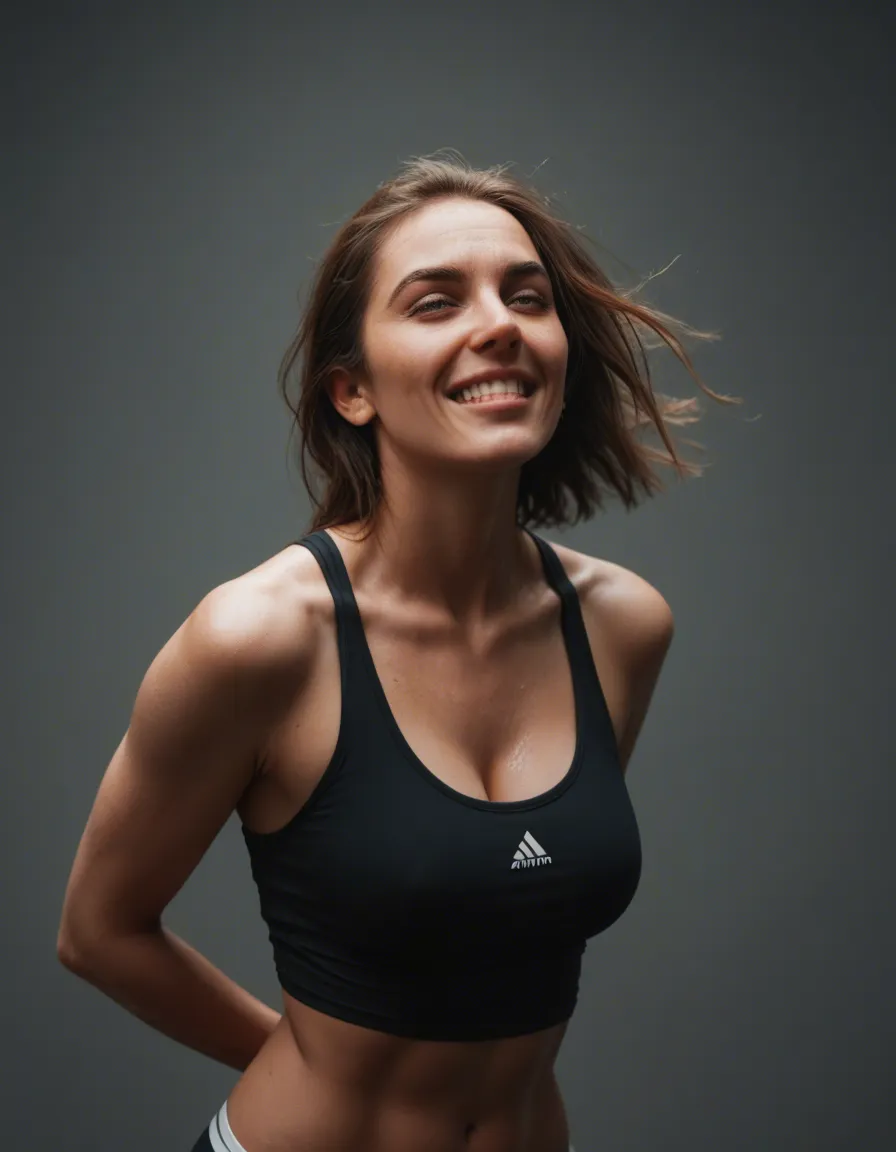 A sport woman, age 20, with a small short ans a large top, one stripe is falling and we Can sée a tit, she's happy, score_9, score_8, candid photo, realistic skin texture, visible skin pores, film grain, depth of field