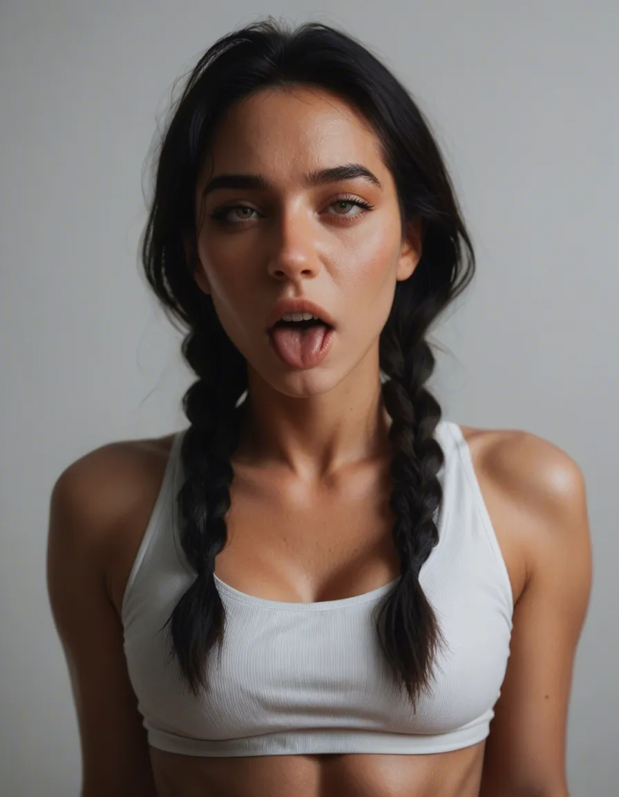 Black hair all in two braids white crop top paizuri ahegao, score_9, score_8, candid photo, realistic skin texture, visible skin pores, film grain, depth of field