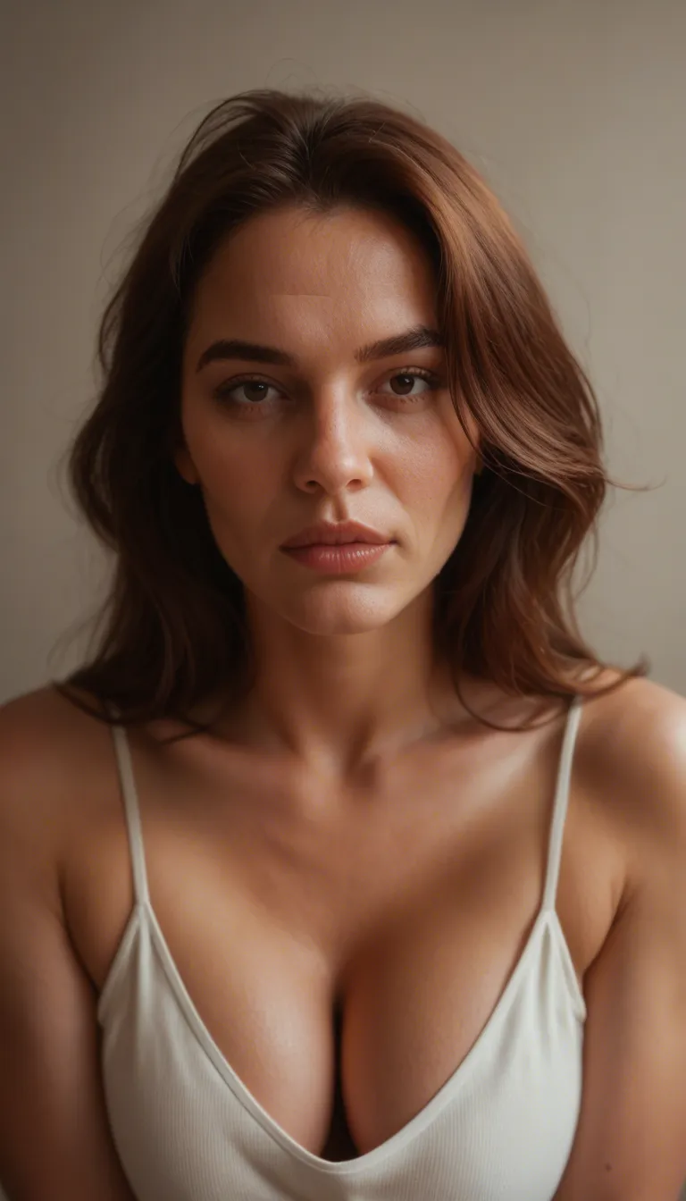 first-person point of view from bottom to top, mature woman about 45 years old, small expression lines around the big black eyes, loose brown hair, wears a short unbuttoned blouse, slender but shapely body, abundant breasts, the woman holds in her hands the erect penis of the observer who ejaculates repeatedly and the sperm squirts up on the woman's hair
