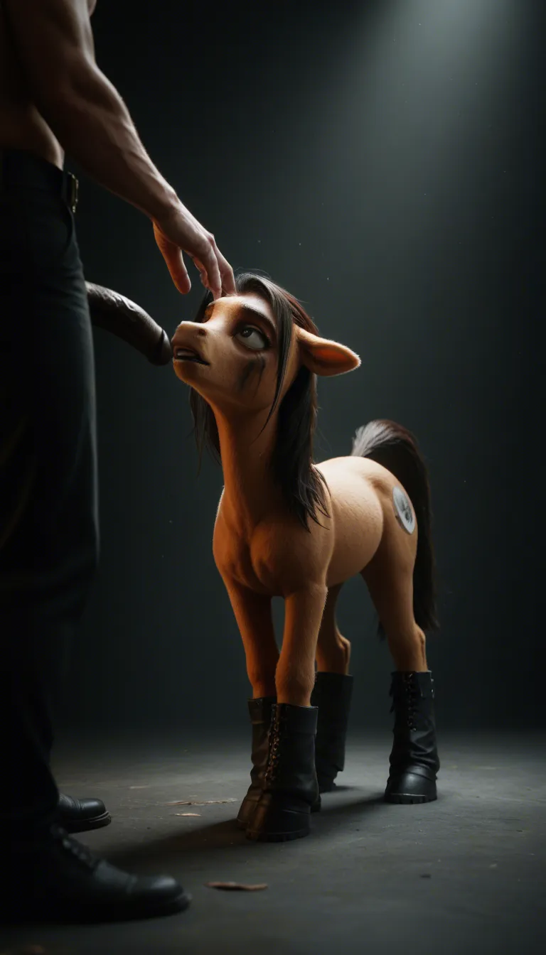 Tall Ebony transgender standing in a dark room with hard long penis, black boots , pony tail and white in hand , speaking dirty language
