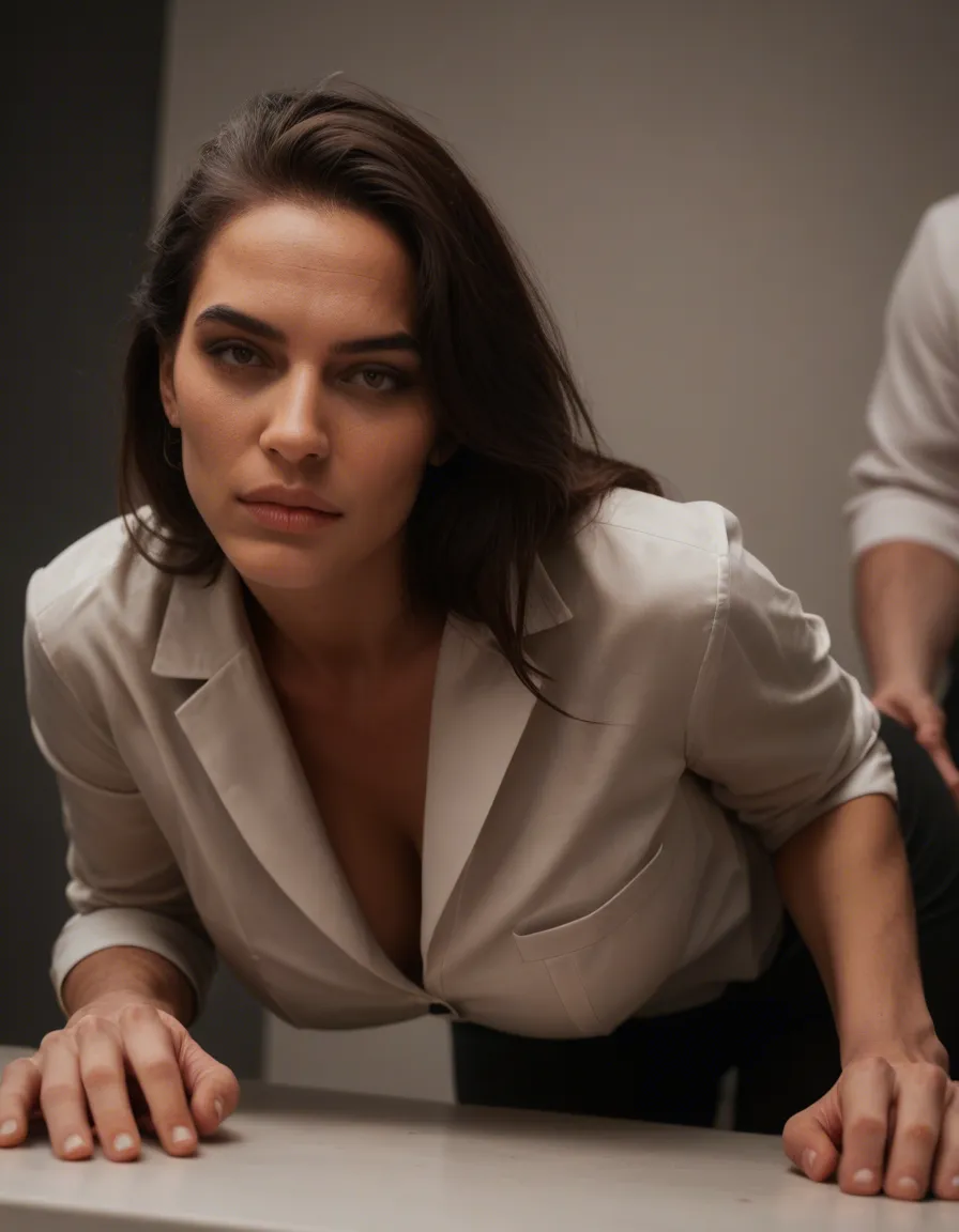 professional photo, high detail, demon woman, bent over, holding hands, photorealistic, score_9, score_8, candid photo, realistic skin texture, visible skin pores, film grain, depth of field