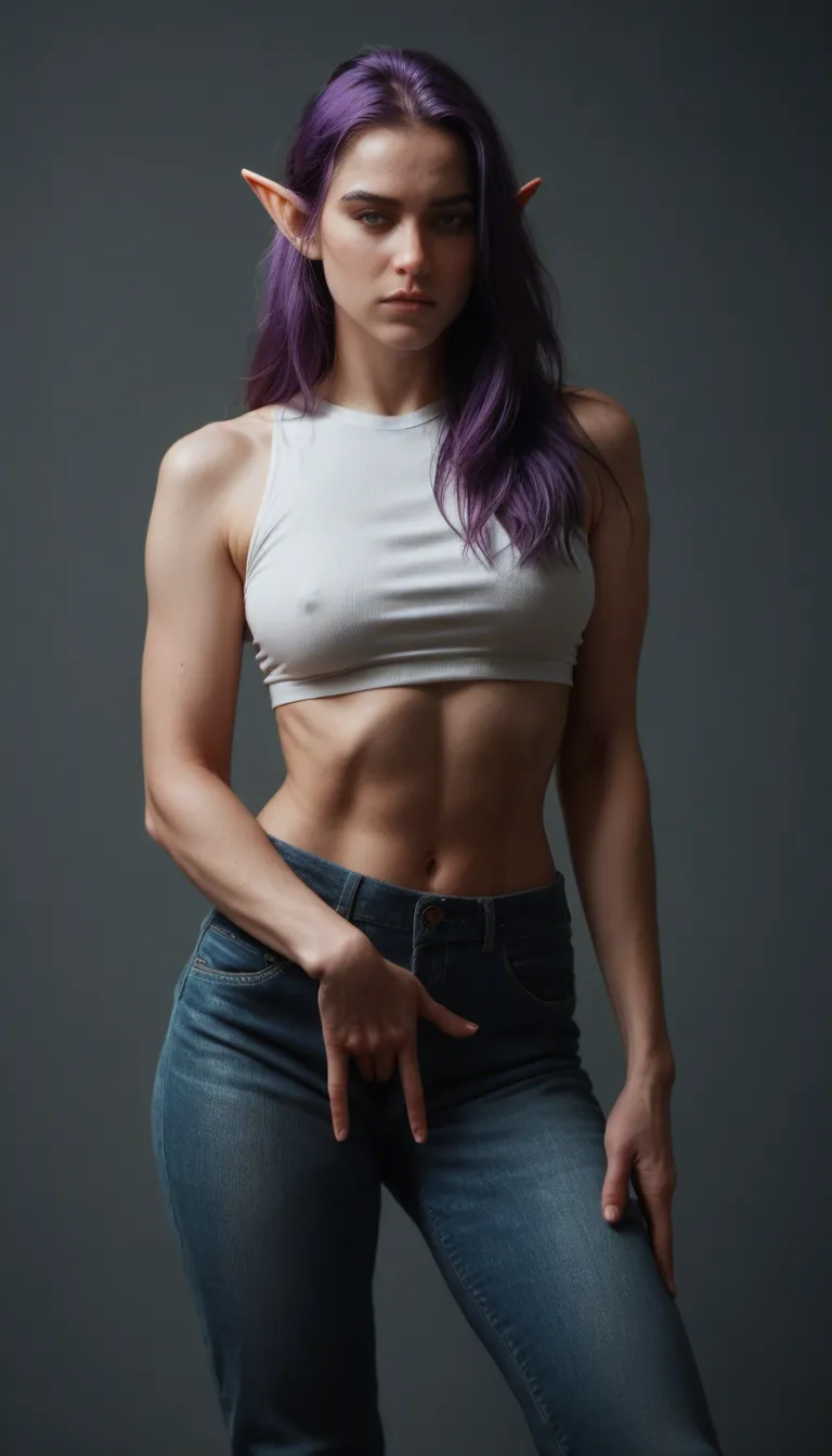 best quality, hyperrealistic, elf girl, purple hair, pants, fingering, volumetric light, dslr quality