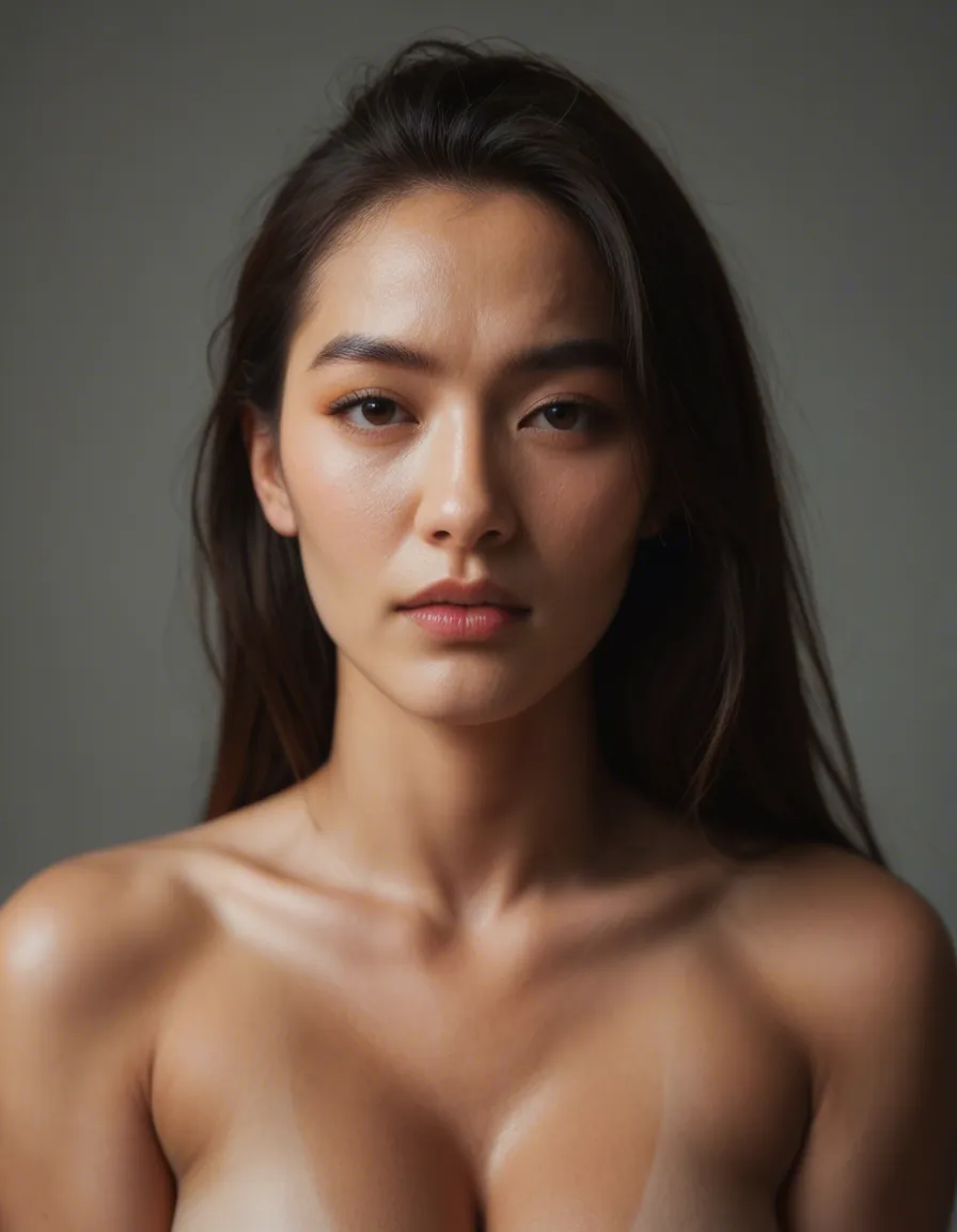 a pretty asian woman with perfectly round breasts breasts_out, score_9, score_8, candid photo, realistic skin texture, visible skin pores, film grain, depth of field