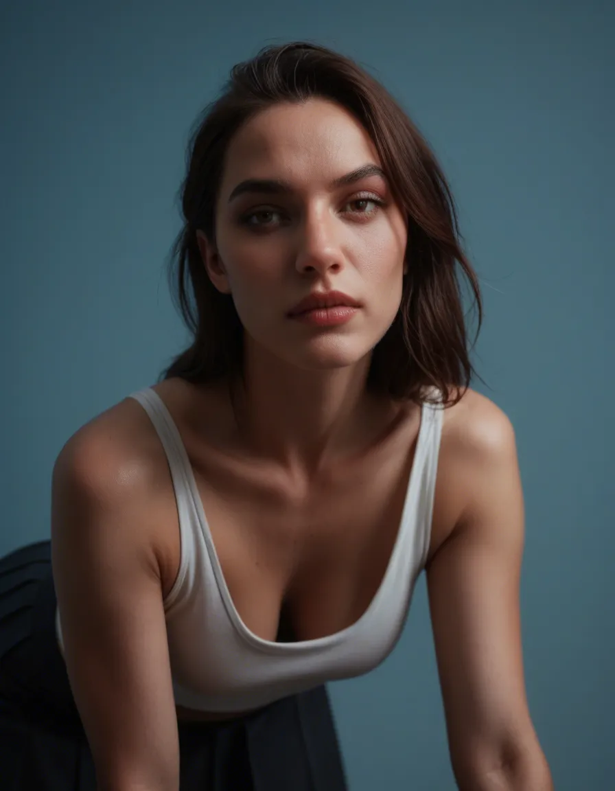 RAW photo, ultra realistic, demon girl, collarbone, skirt, bent over, blue background, portrait, 8k uhd photo, score_9, score_8, candid photo, realistic skin texture, visible skin pores, film grain, depth of field