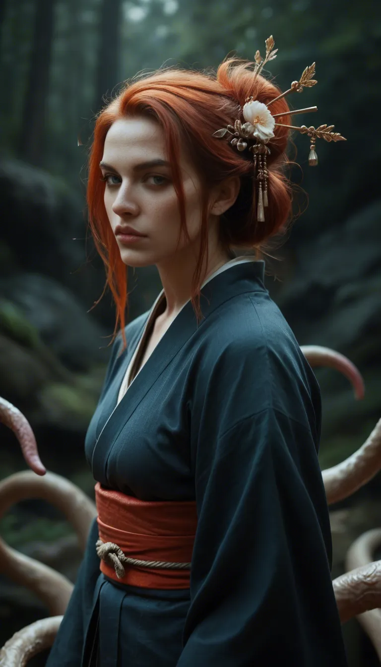 ultra HD, lifelike, redhead woman, hair ornament, japanese clothes, tentacle, moonlight, RAW photo