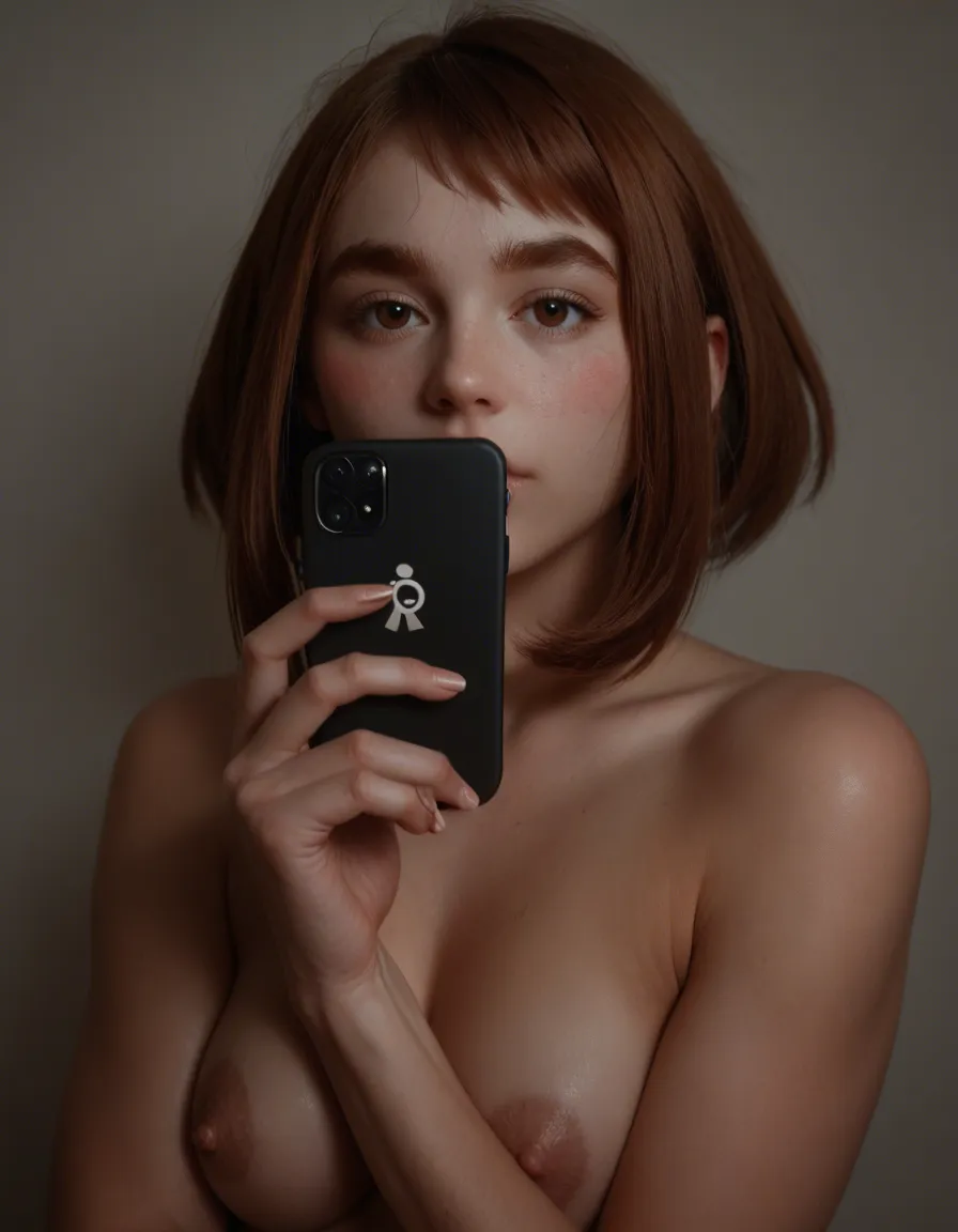 uraraka from mha full nude anime style, score_9, score_8, amateur photo, phone snapshot, realistic skin texture, skin blemishes, soft indoor lighting