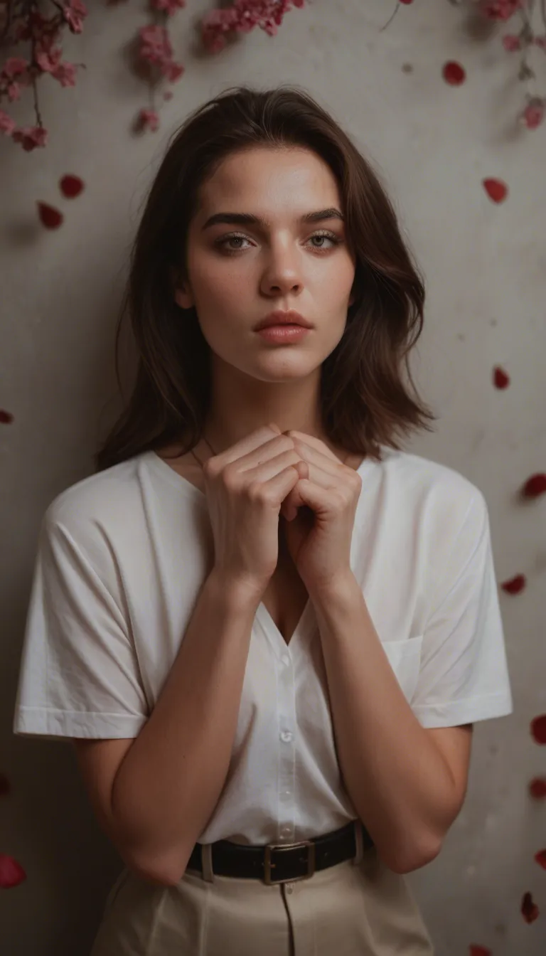 ultra HD, lifelike, brunette woman, lips, short sleeves, bondage, petals, studio photo