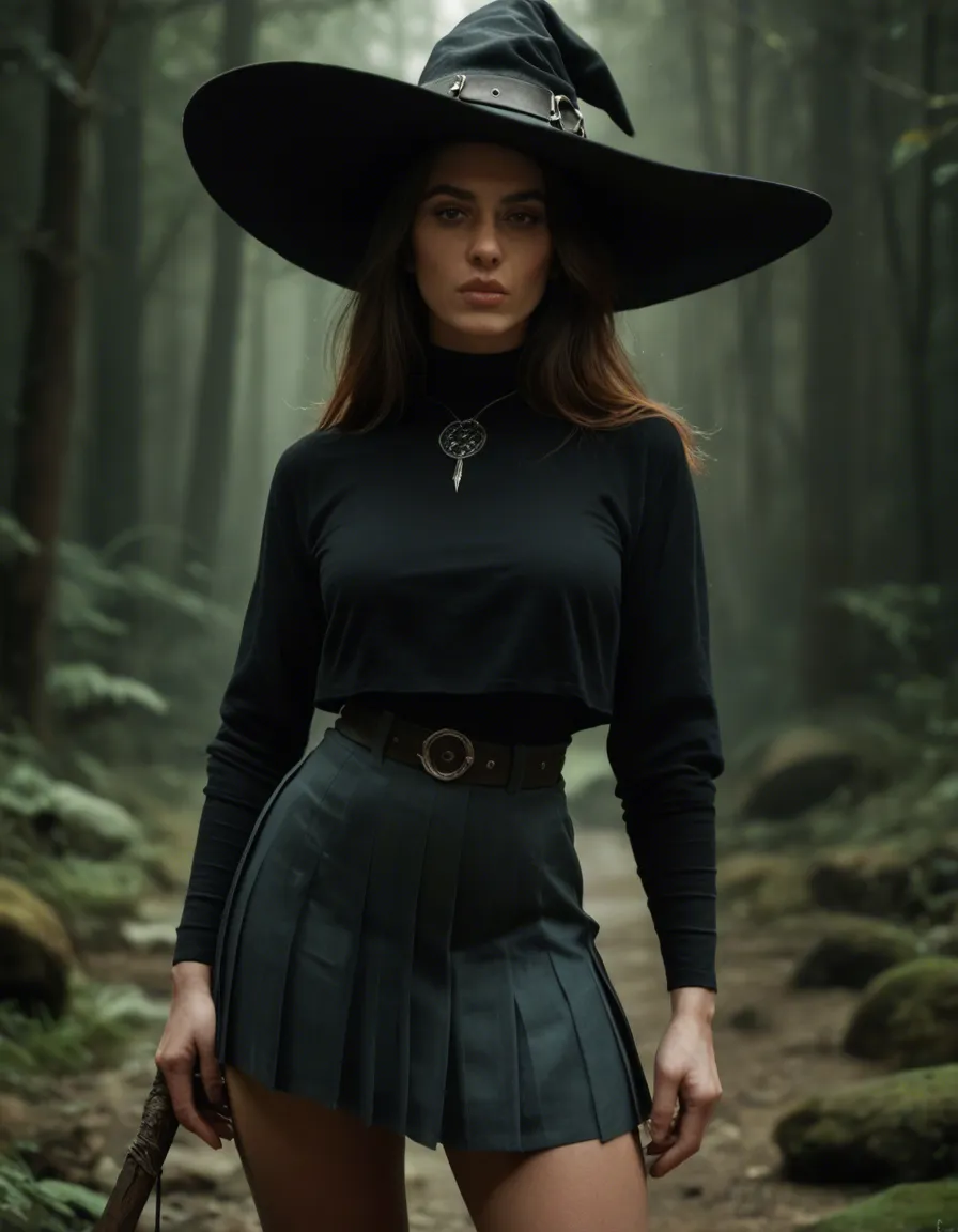 best quality, hyperrealistic, witch, pleated skirt, futanari, score_9, score_8, candid photo, realistic skin texture, visible skin pores, film grain, depth of field