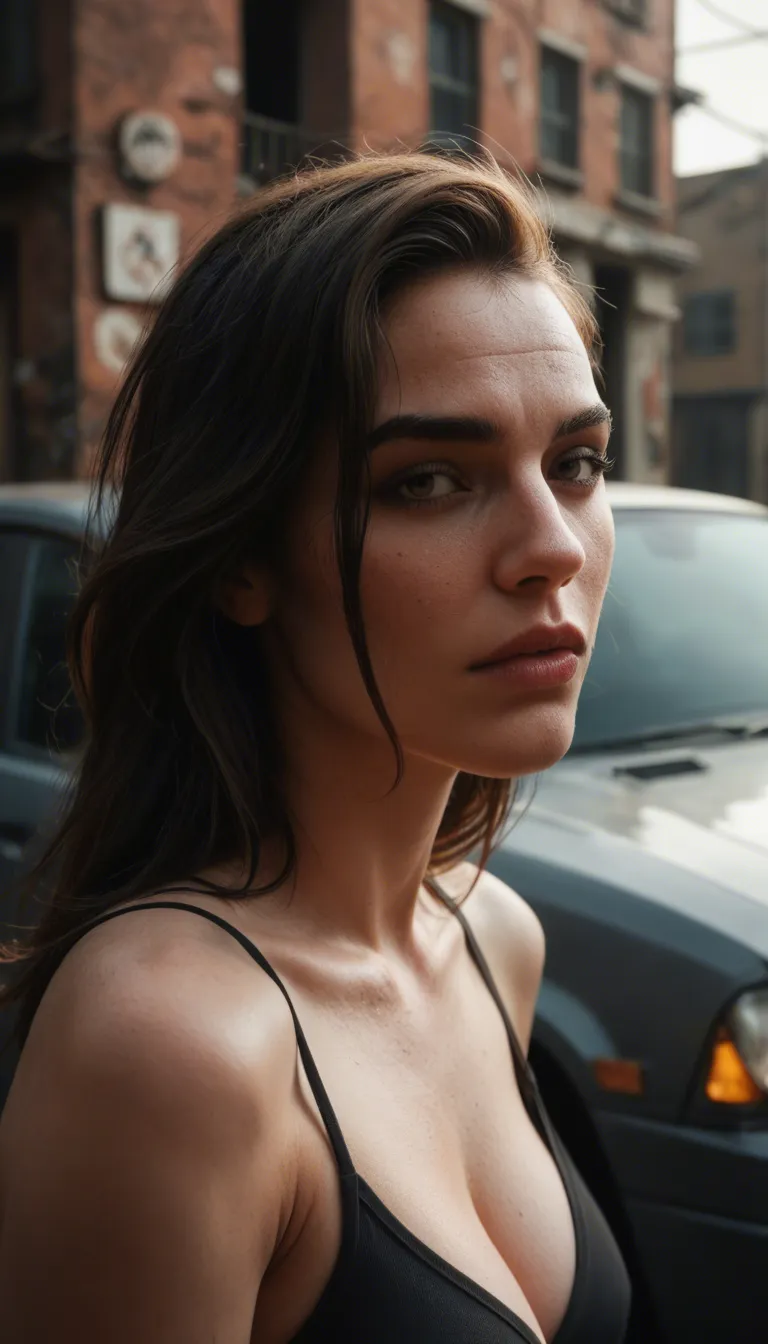 A raw, cinematic nocturne set in a gritty urban alleyway, where the harsh glow of a patrol car's headlights cuts through the darkness. A stunningly athletic female officer in her early 40s, her brown hair pulled into a tight, professional ponytail, is captured in a moment of intense passion; she is kneeling on the asphalt, wearing her full, crisp police uniform that accentuates her trim physique and taut backside. She is performing a fast, deepthroat blowjob on a tall, muscular dark-skinned male officer, whose presence is imposing yet anonymous, as the frame is composed to strictly exclude his face. His large, powerful hands are firmly gripping her head, driving her deeper into the act. A subtle, realistic glisten of saliva clings to her chin, while her facial expression captures a nuanced blend of passionate surrender and a slight, breathless discomfort as he pulls her in tight.