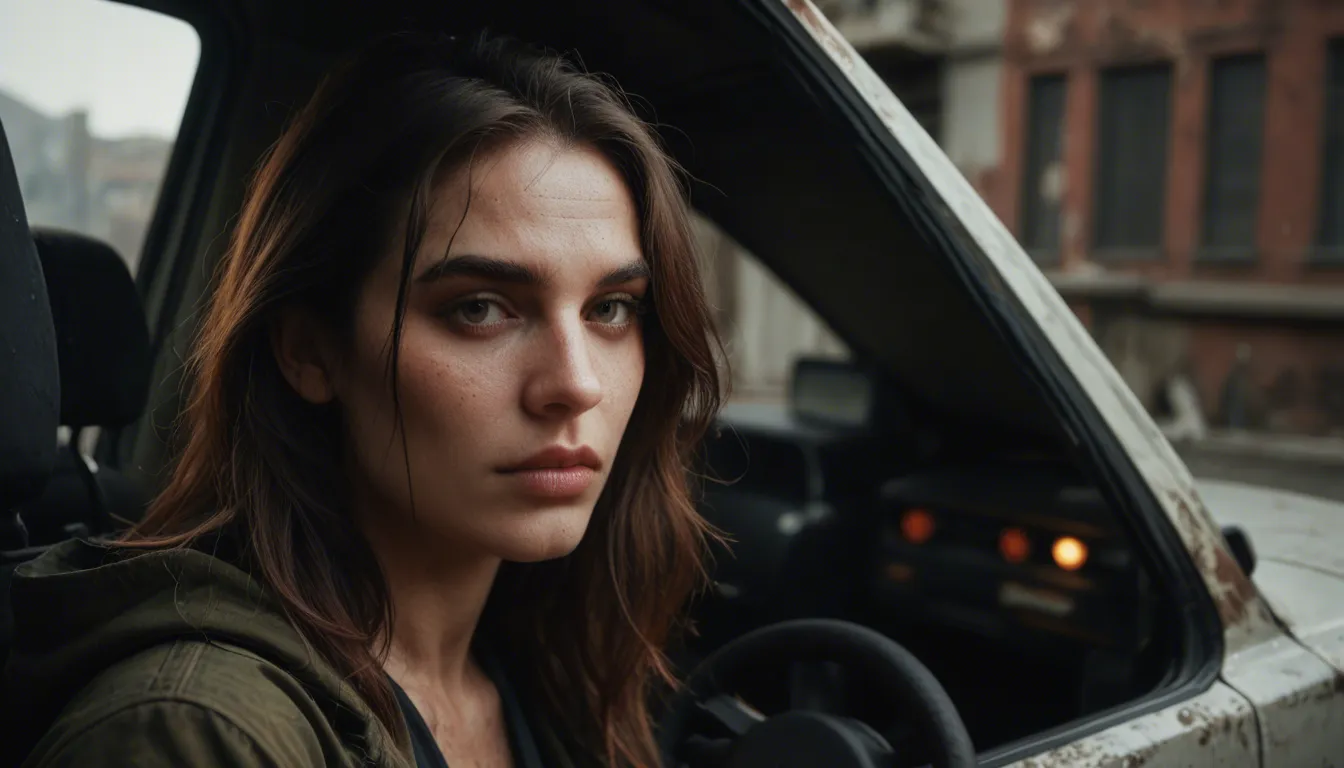 A raw, cinematic nocturne set in a gritty urban alleyway, where the harsh glow of a patrol car's headlights cuts through the darkness. A stunningly athletic female officer in her early 40s, her brown hair pulled into a tight, professional ponytail, is captured in a moment of intense passion; she is kneeling on the asphalt, wearing her full, crisp police uniform that accentuates her trim physique and taut backside. She is performing a fast, deepthroat blowjob on a tall, muscular dark-skinned male officer, whose presence is imposing yet anonymous, as the frame is composed to strictly exclude his face. His large, powerful hands are firmly gripping her head, driving her deeper into the act. A subtle, realistic glisten of saliva clings to her chin, while her facial expression captures a nuanced blend of passionate surrender and a slight, breathless discomfort as he pulls her in tight.