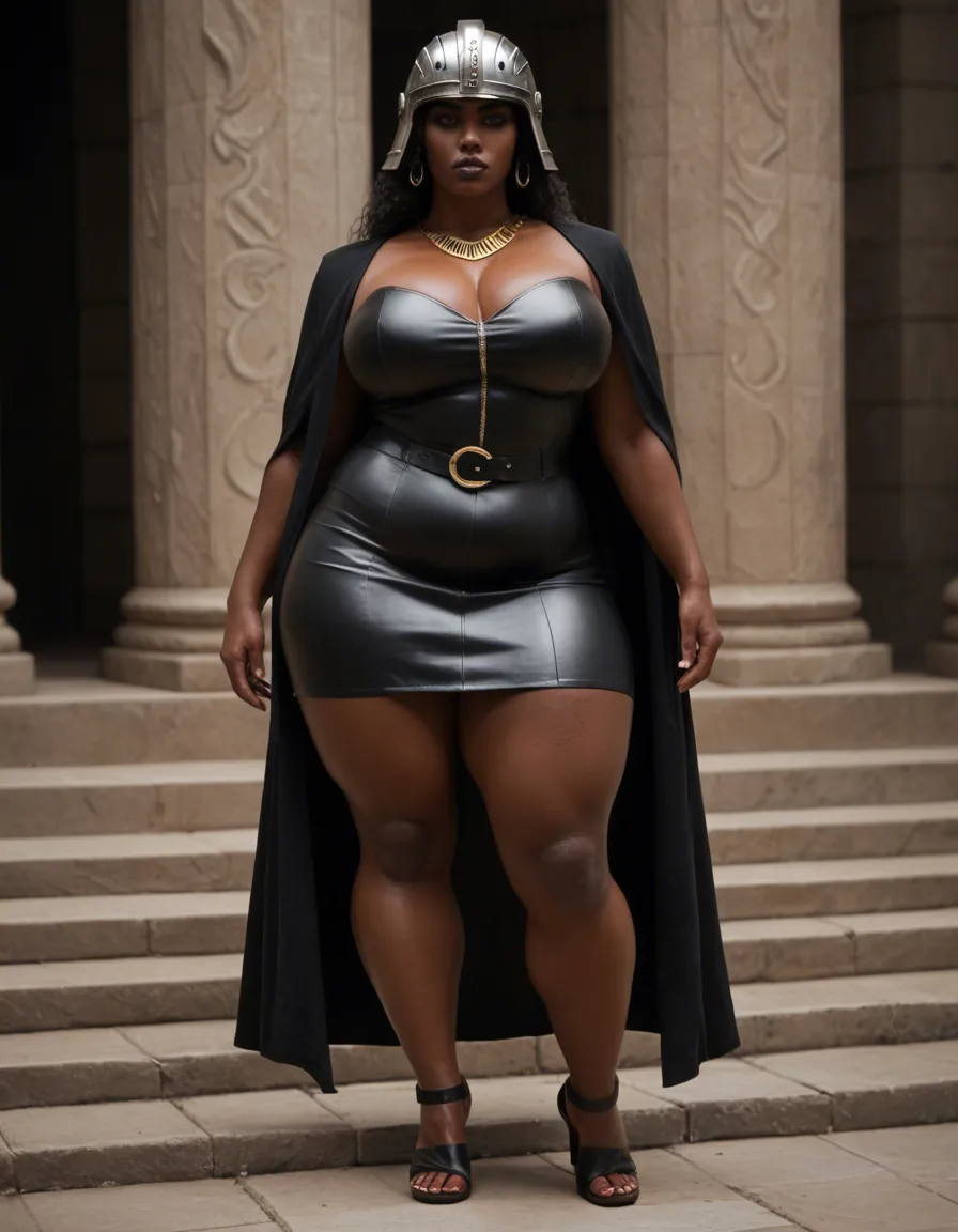 transgender roman praetorian guard roman black metal helmet roman black metal segmentata armor roman black leather skirt roman black leather sandals roman black metal scutum shield roman gladius sword chubby tall dark skin black hair bimbo guarding gate luxury marmol halllway fat, bulge, thick_thighs, roman, rome, sexy, soft body,, score_9, score_8, 3d render, octane render, subsurface scattering, ray tracing, smooth shading