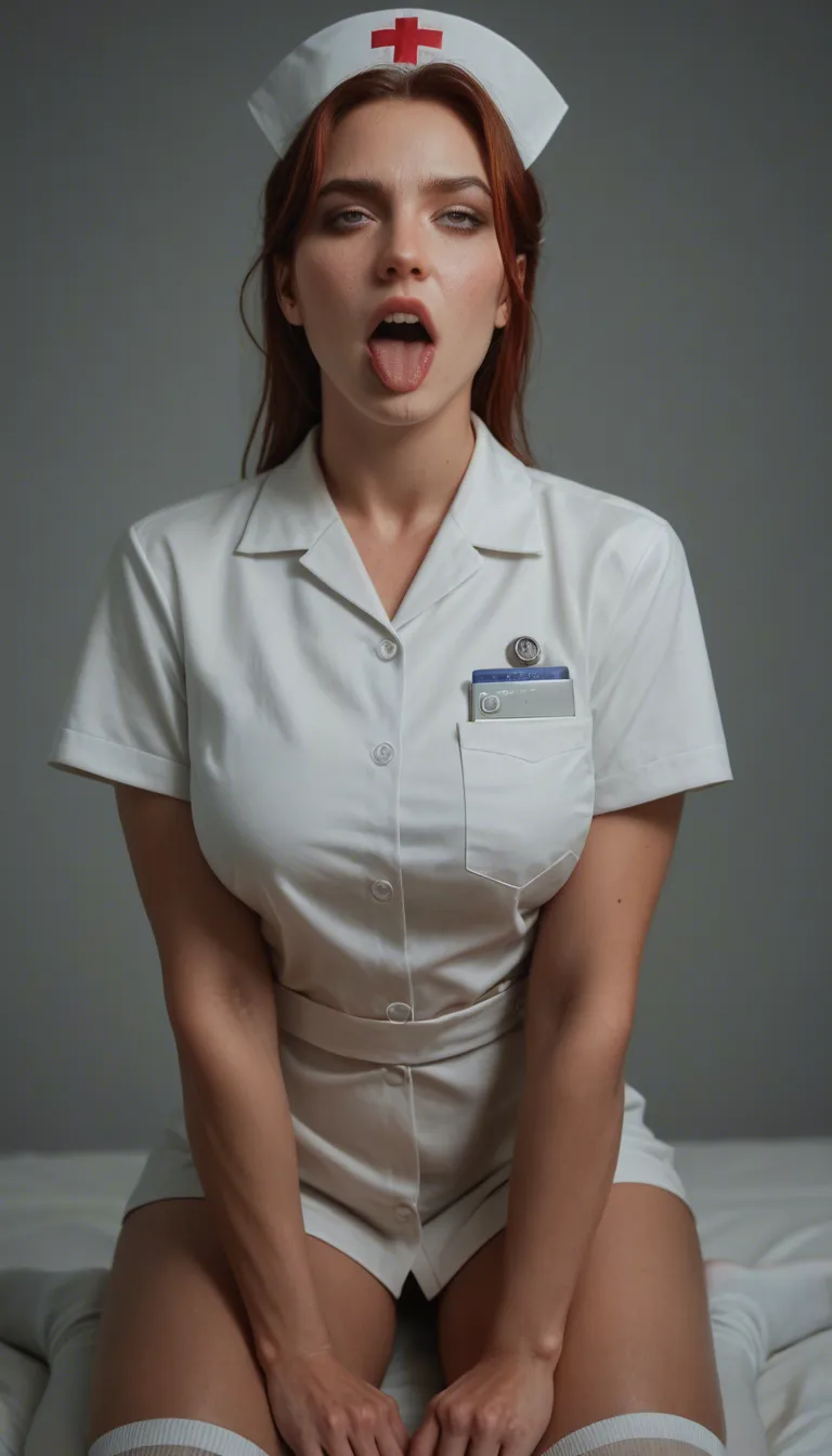 The image is an iphone photography of  caucasian woman with burgundy Subtle Wispy Layers hair. She is wearing white socks and nurse costume.  
Ahegao face. A nude woman with pink hair, freckles, and large breasts, kneeling on a bed with her tongue out and saliva dripping from it. Her eyes are wide open, looking upwards. The background is blurred with soft lighting and some colorful pillows. Her facial expression is ahegao. The image is lit with pink and purple light, creating a soft, intimate atmosphere. Her lips are slightly parted, and her eyelashes are long and dark. The focus is on her ahegao face.
The scene is captured in a simple kitchen table with a fresh loaf of bread and a basket of eggs location with detailed background details in the environment. The award-winning photo is a close-up (film grain:1.2) photo shot with a Yashica T4 Camera. The photograph is highly detailed.