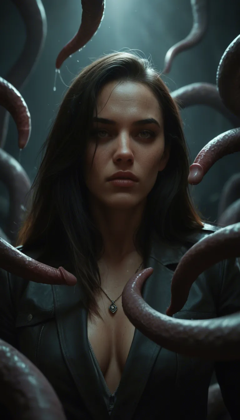 anamorphic, high detail, wide shot, 5women, tentacles